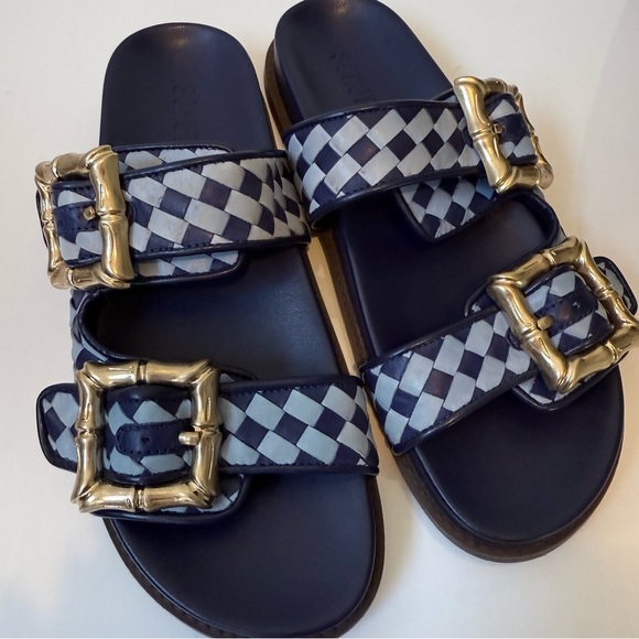 SCHUTZ Enola Sporty Blue Leather Bamboo Gold Buckle Sandal Slide 8.5 - Picture 10 of 11